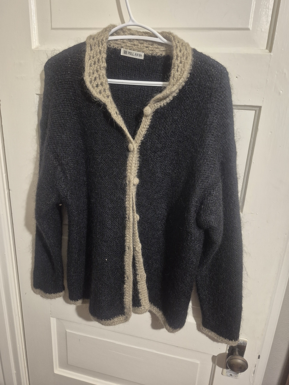 Vintage Pull Anna Fuzzy Knit Cardigan Black Beige Oversized XL 24.5” PTP - Picture 2 of 8